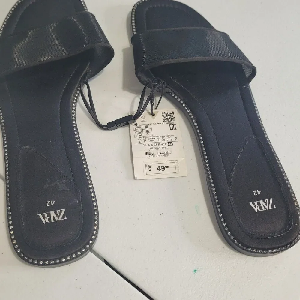 NEW Zara size 11 flat sandals open toe black beaded - Picture 5 of 11